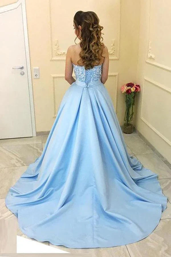 Vestidos de fiesta largos de satén azul sin tirantes, corte princesa, escote corazón